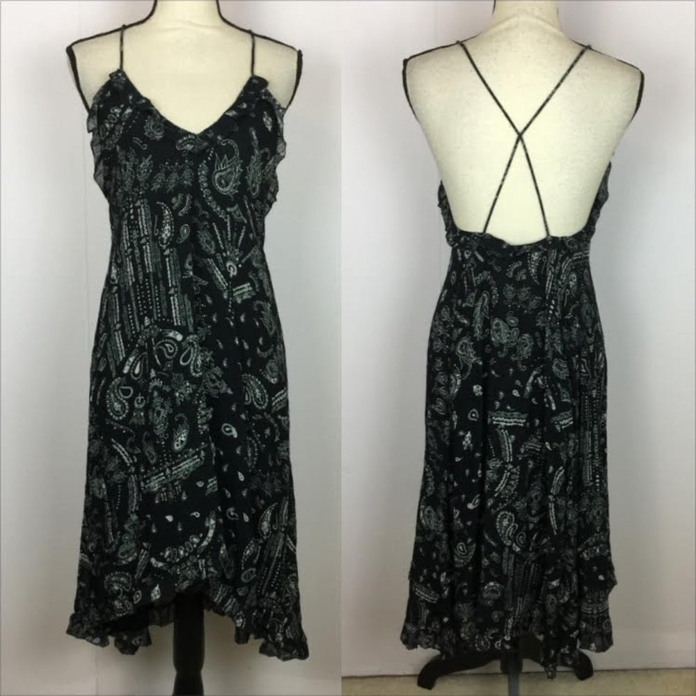 IRO.JEANS Dress Size 34 S/XS Womans Black White Paisley Cross Back V-Neck Ruffle